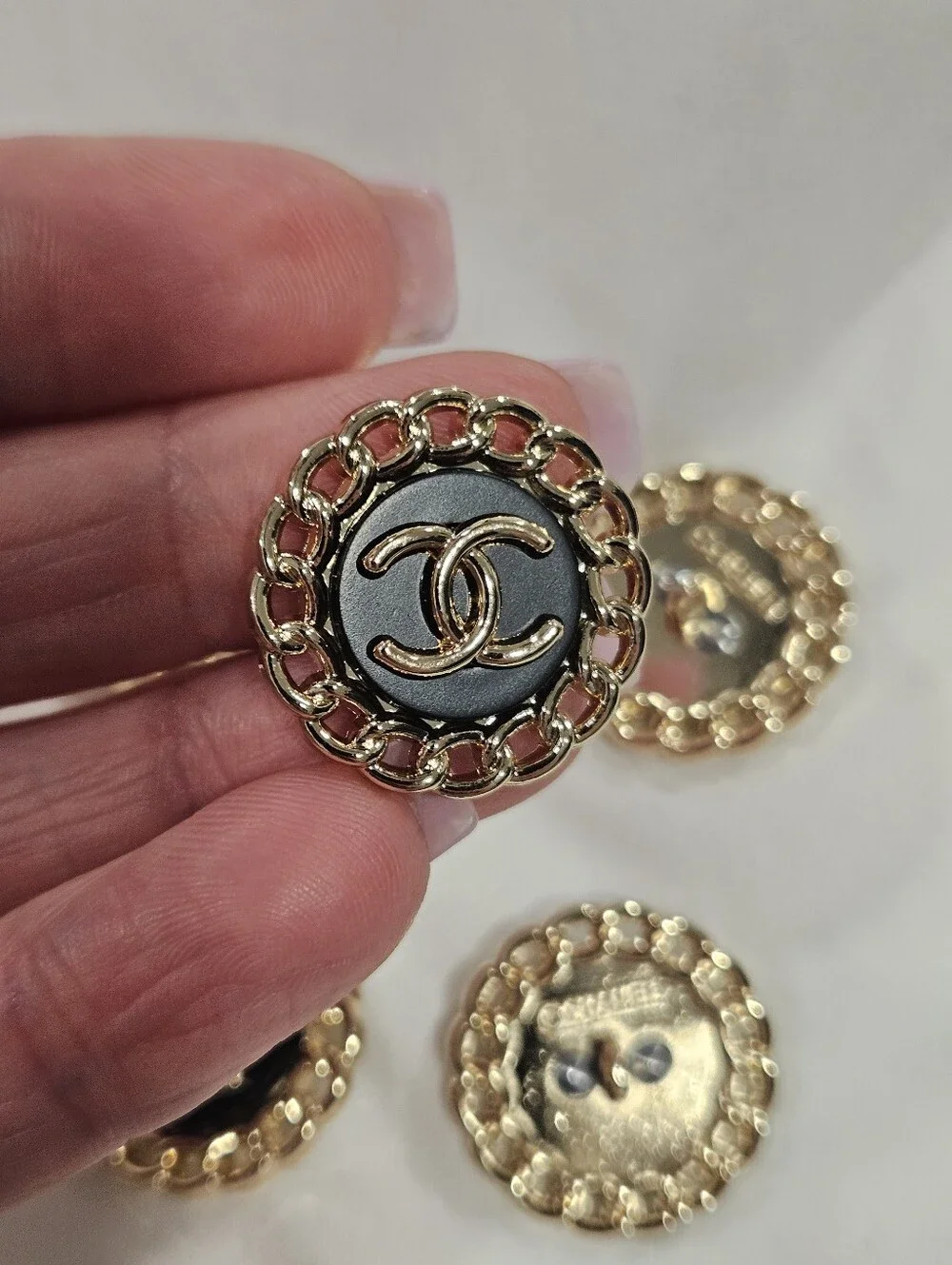 Chanel CC Logo Chain Border Buttons Set of 6 Black Gold Tone 22.8mm